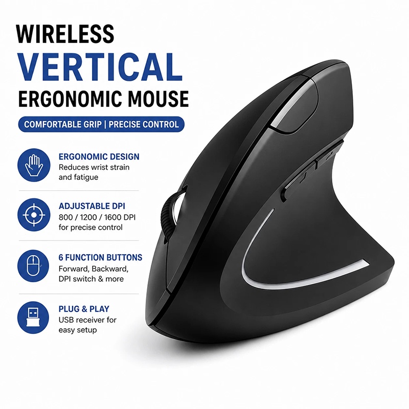 Home Office Gear - ماوس ألعاب عمودي قابل لإعادة الشحن